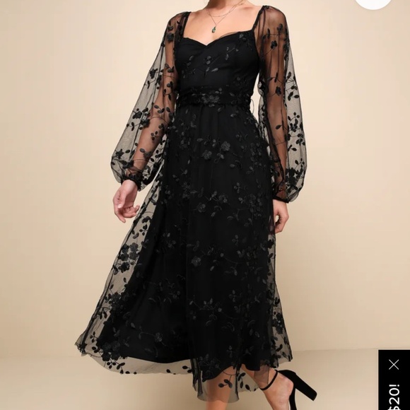 Lulus Darling Charisma Black Mesh Embroidered Midi Dress - Size L - Picture 4 of 5